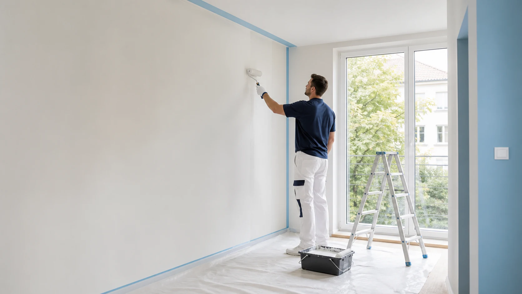 Peintre en bâtiment appliquant une peinture intérieure dans un appartement lumineux